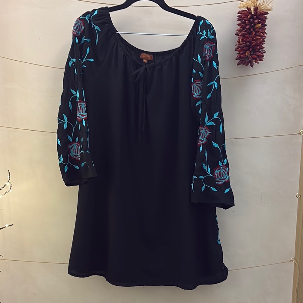 Scully Black Dress with Blue and Red Embroidery